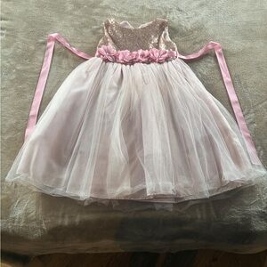 Hand-made Flower Girl Pink and Rose Gold Sequin Tulle Dress with Floral Waist